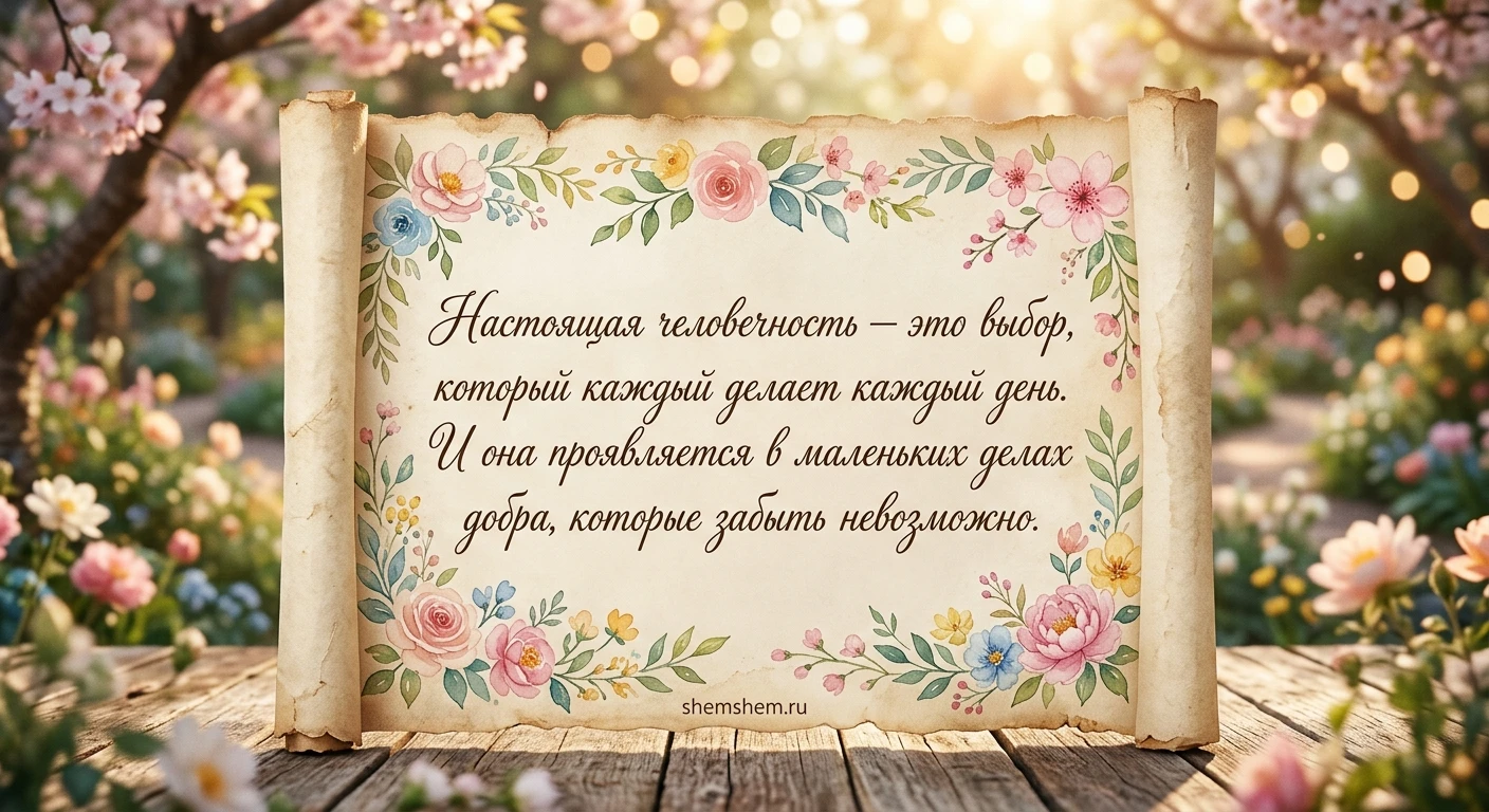 Открытка-свиток с цитатой о человечности и добре на фоне цветущего сада