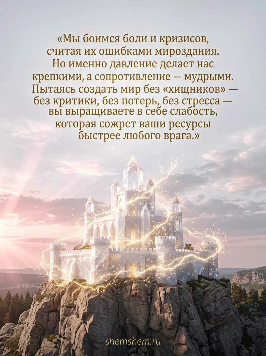 Светлая открытка с хрустальной крепостью, золотыми молниями и текстом о силе духа