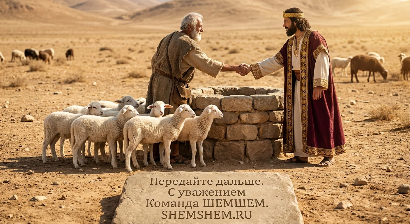 Авраам и Авимелех заключают союз у колодца, рядом стоят семь ягнят