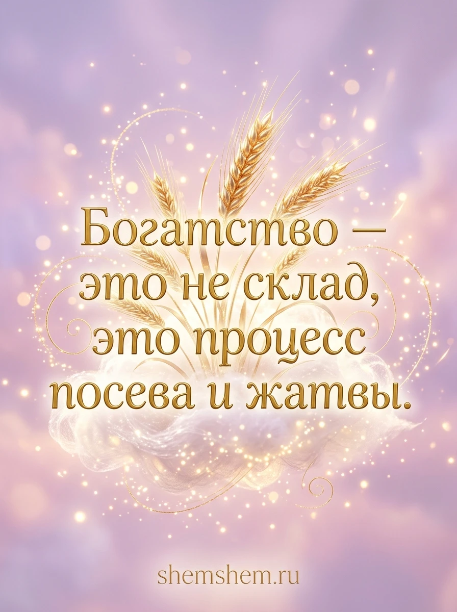 Светлая открытка с золотыми колосьями в тумане и короткой цитатой о богатстве