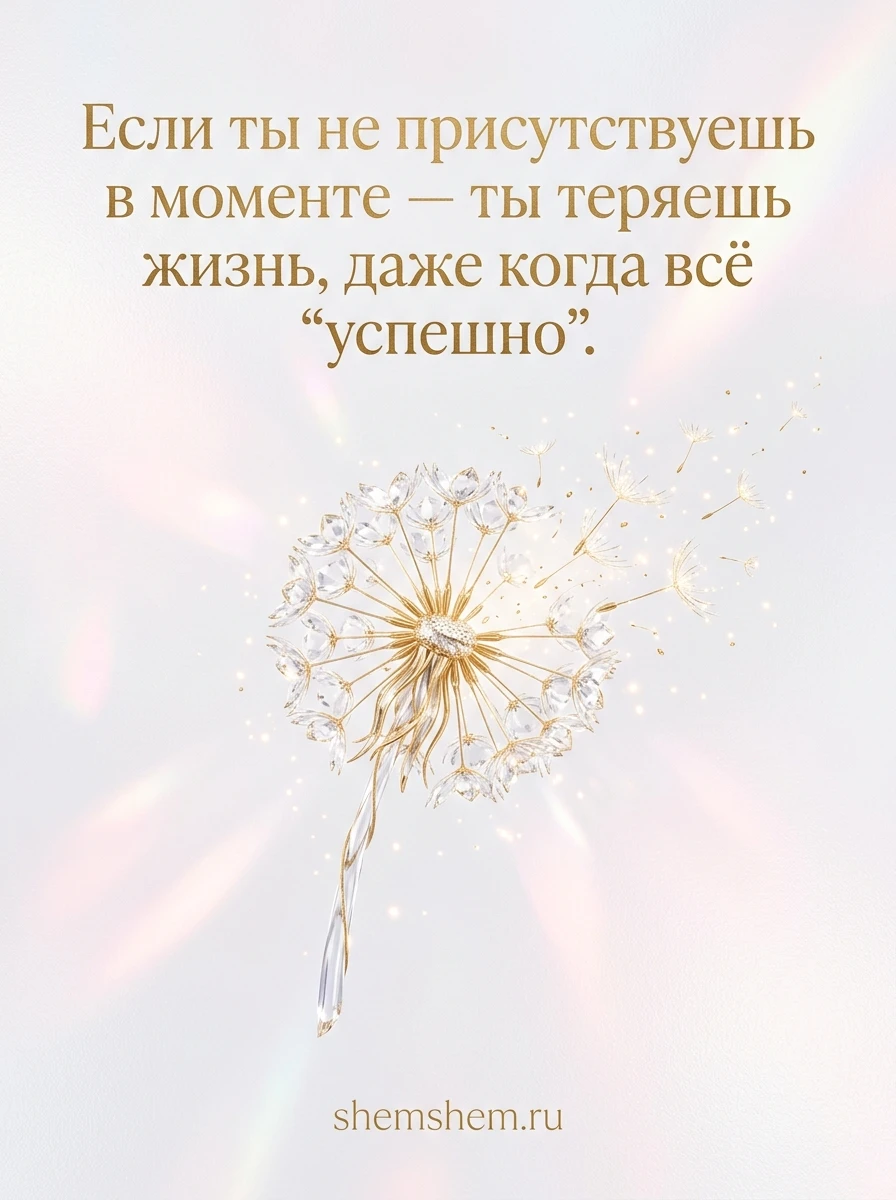 Светлая жемчужная открытка с хрустальным одуванчиком и золотыми искрами, цитатой о моменте