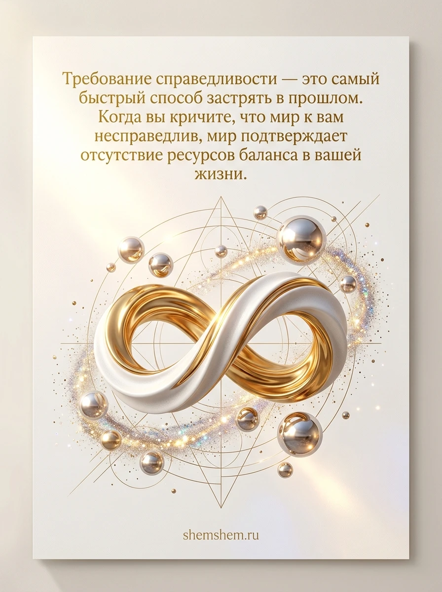 Светлая открытка с золотой бесконечной лентой и цитатой о справедливости