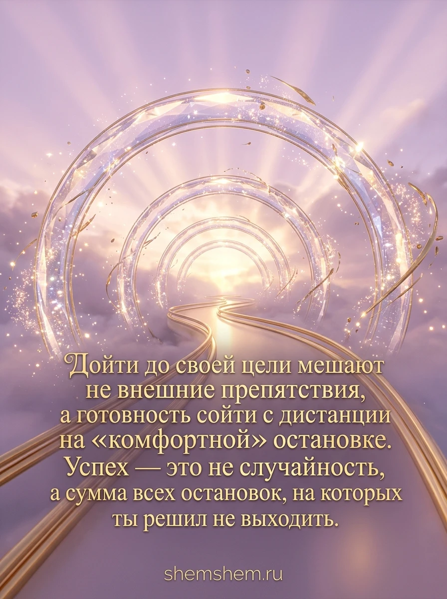 Светлая открытка с золотыми футуристическими рельсами и цитатой об успехе