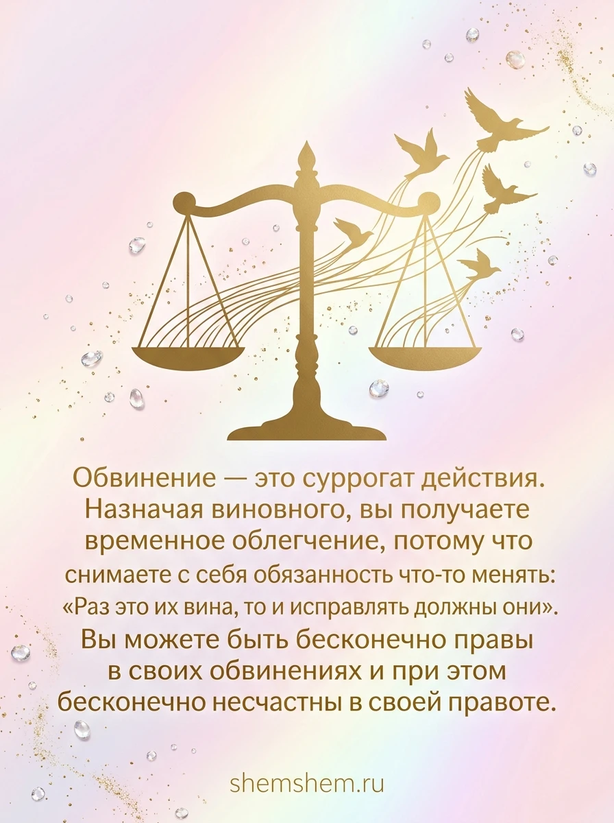 Светлая розовая открытка с золотыми весами и птицами, цитатой о вине