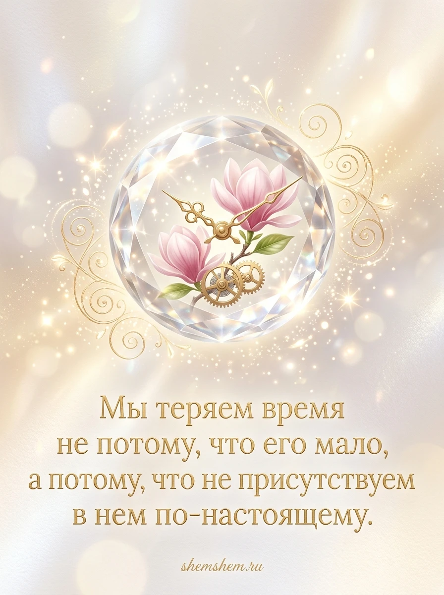 Светлая открытка с хрустальной каплей времени и цитатой о присутствии в моменте