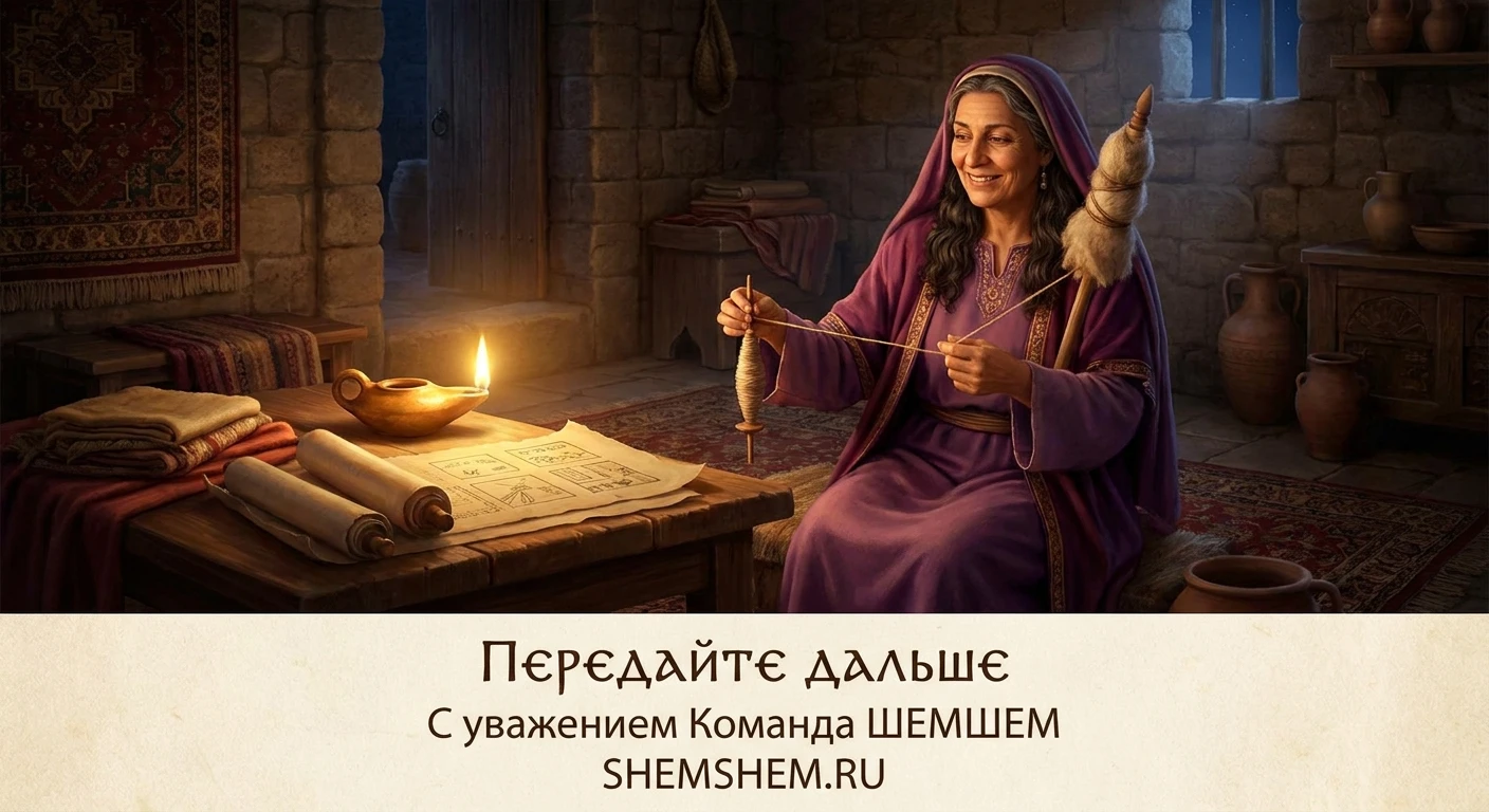 Мудрая женщина за прялкой при свете масляного светильника ночью