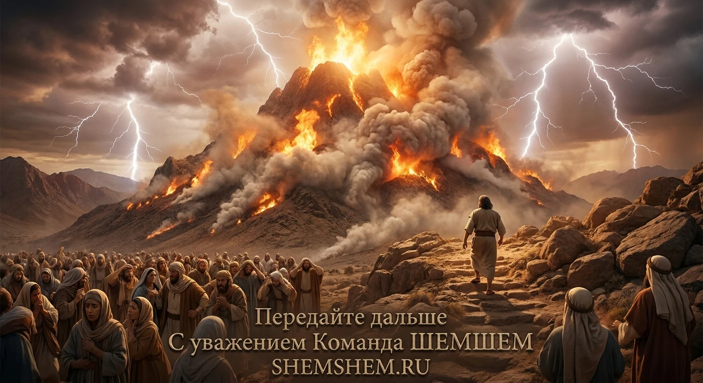 Эпическая библейская сцена: Моисей поднимается на дымящуюся и объятую огнем гору Синай под грозовым небом с молниями