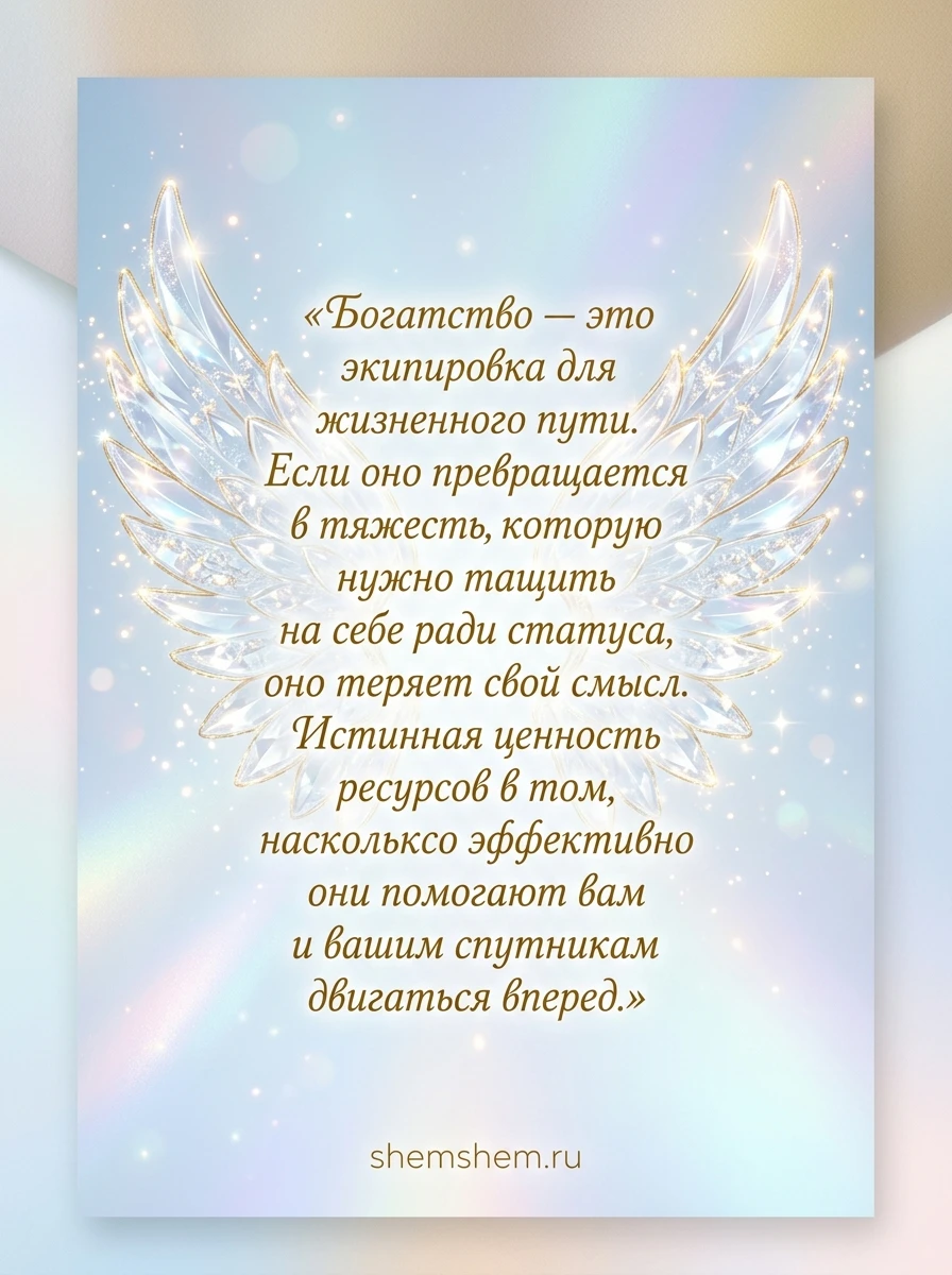 Светлая голубая открытка с хрустальными крыльями и золотым текстом о богатстве
