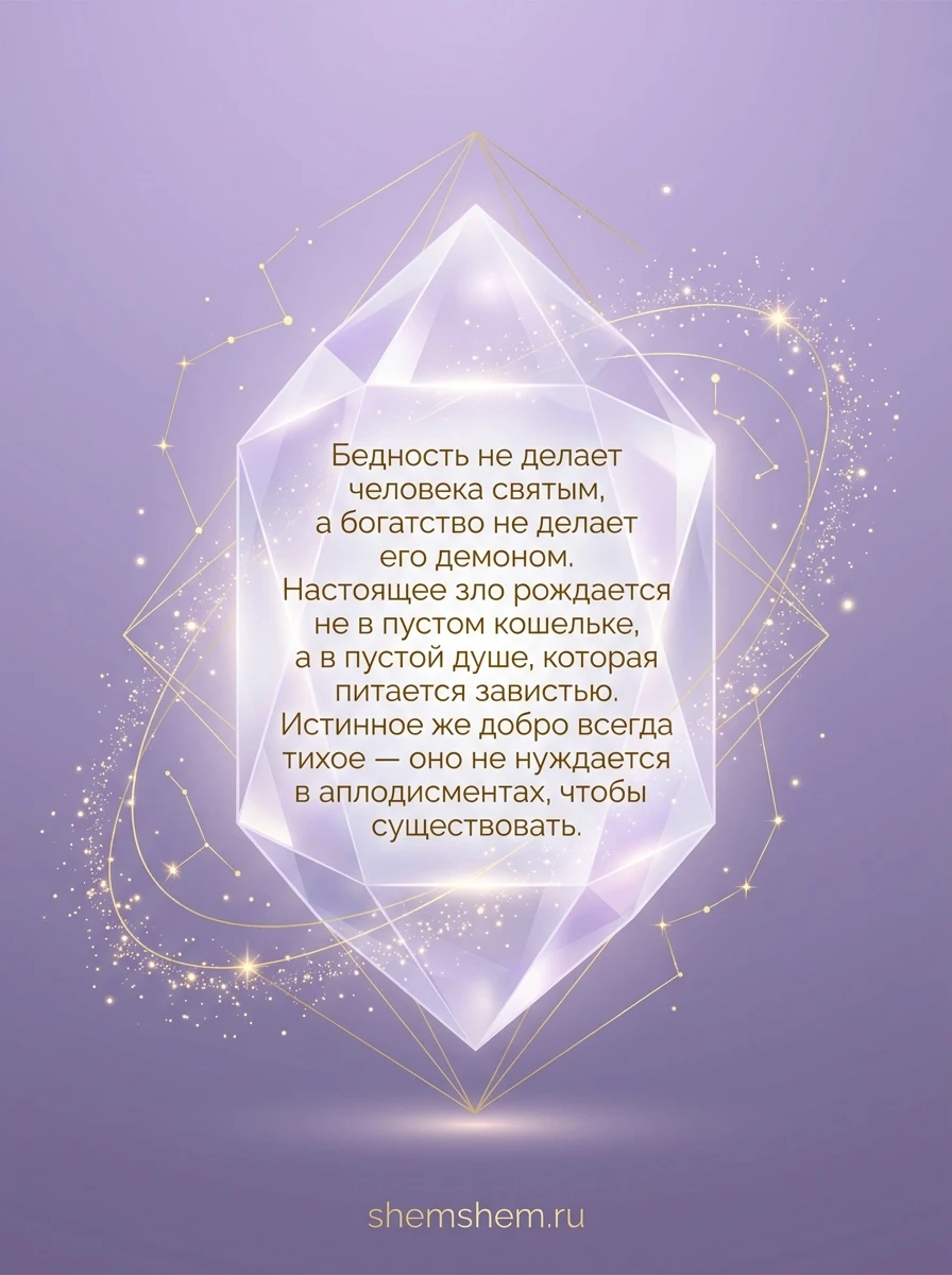 Светлая лавандово-золотая открытка с парящим кристаллом и цитатой о душе
