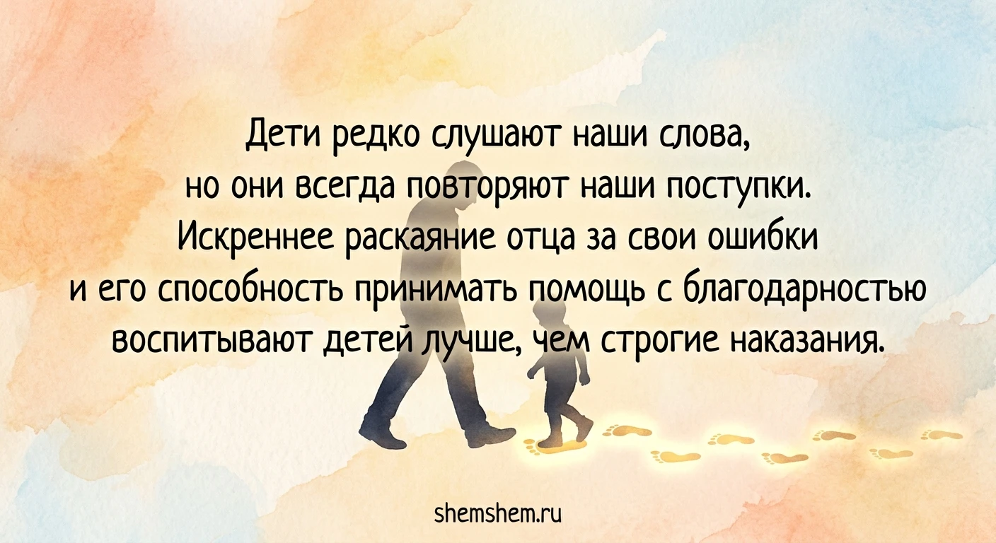 Мудрая открытка с цитатой о том, что поступки родителей воспитывают детей лучше слов и наказаний