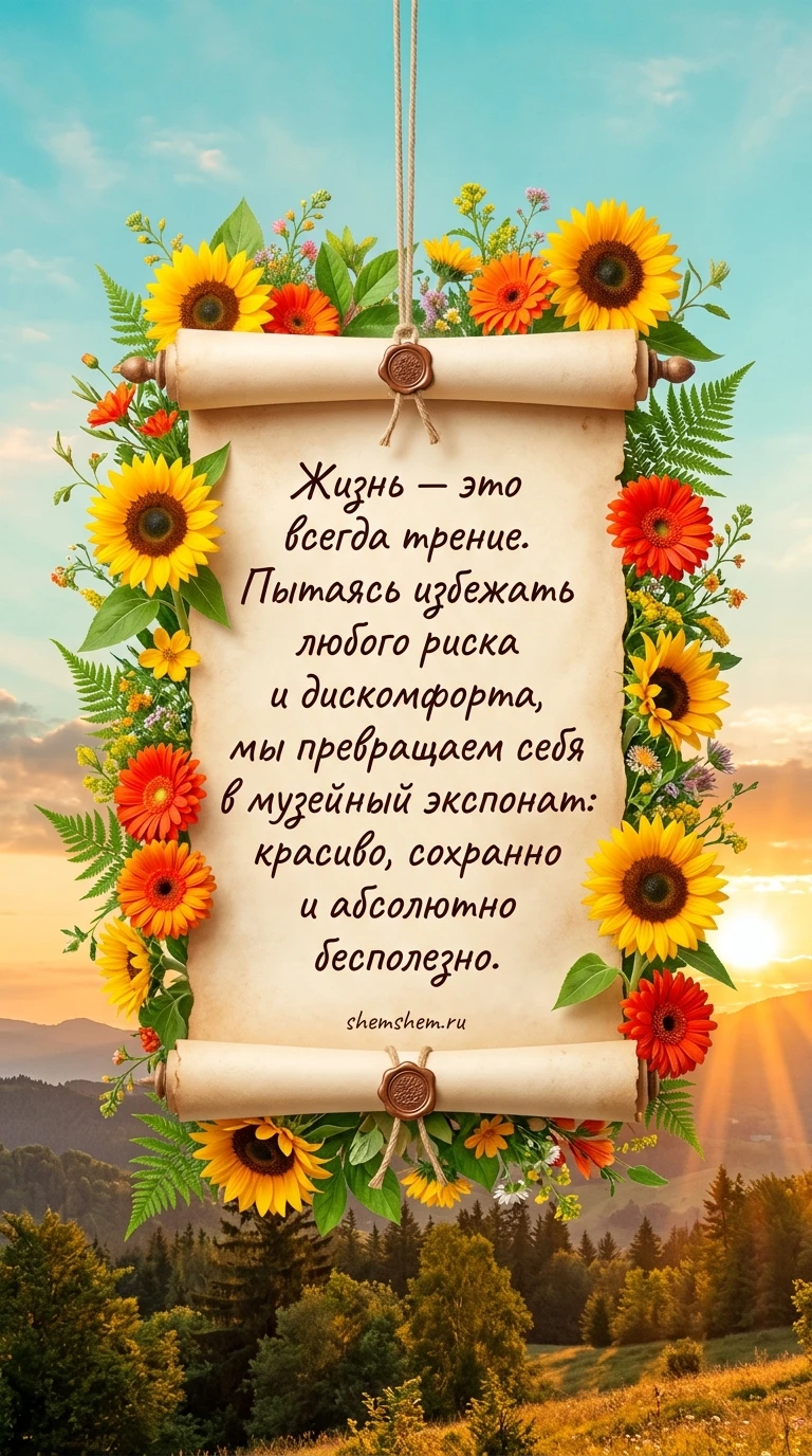 Яркая открытка со свитком и подсолнухами на фоне утреннего неба с цитатой о риске и движении