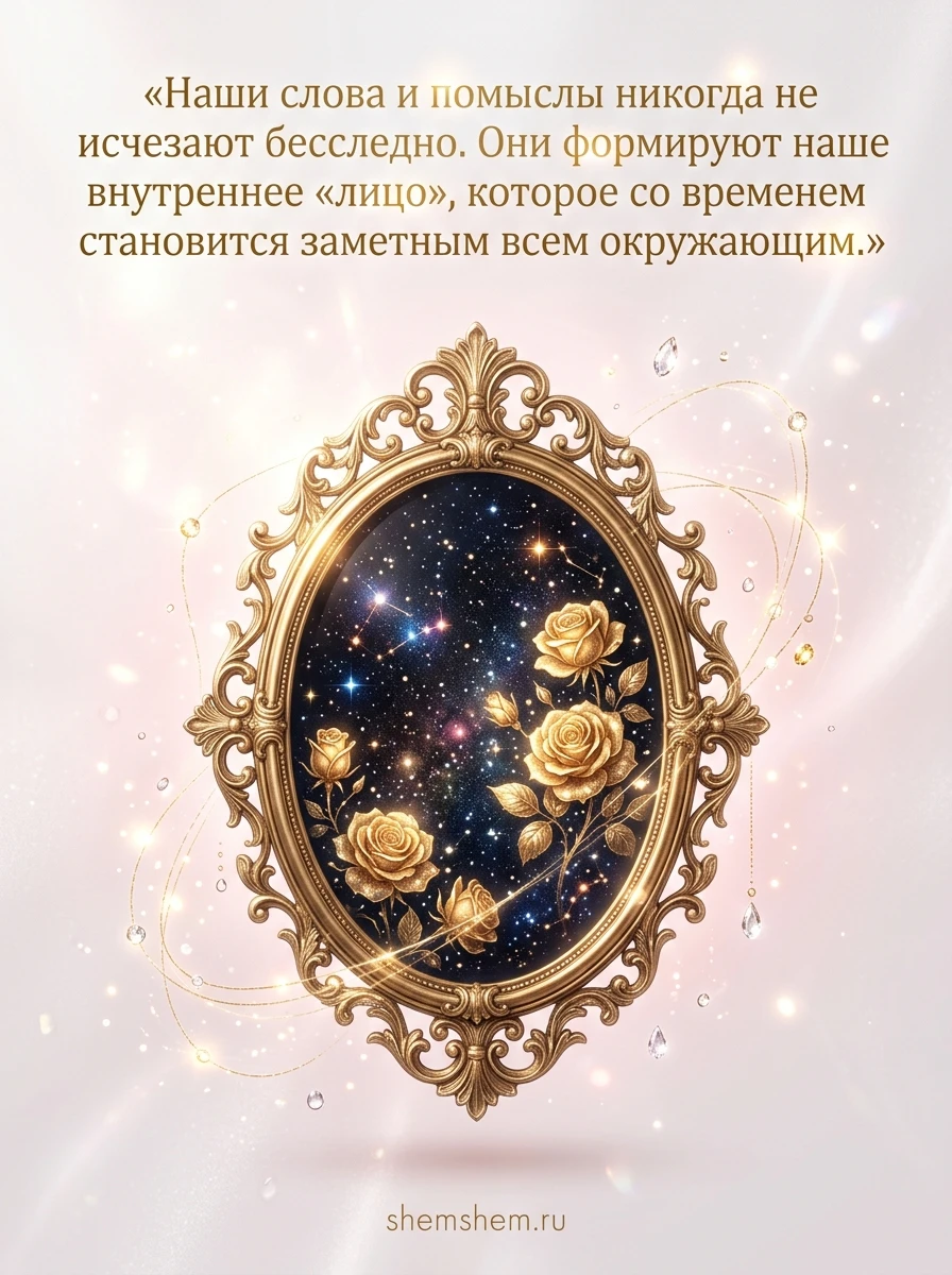 Светлая жемчужная открытка с золотым зеркалом и космосом внутри, цитатой о помыслах