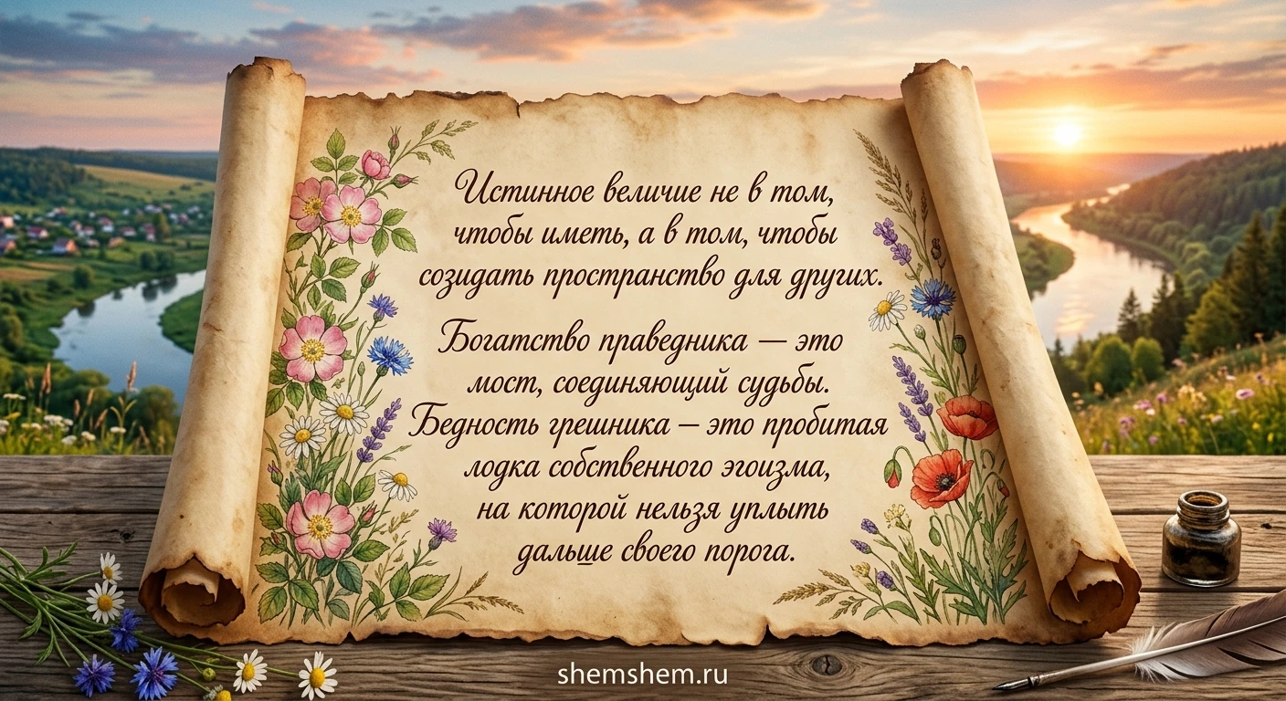 Цитата о величии, созидании и эгоизме на свитке с цветами у реки