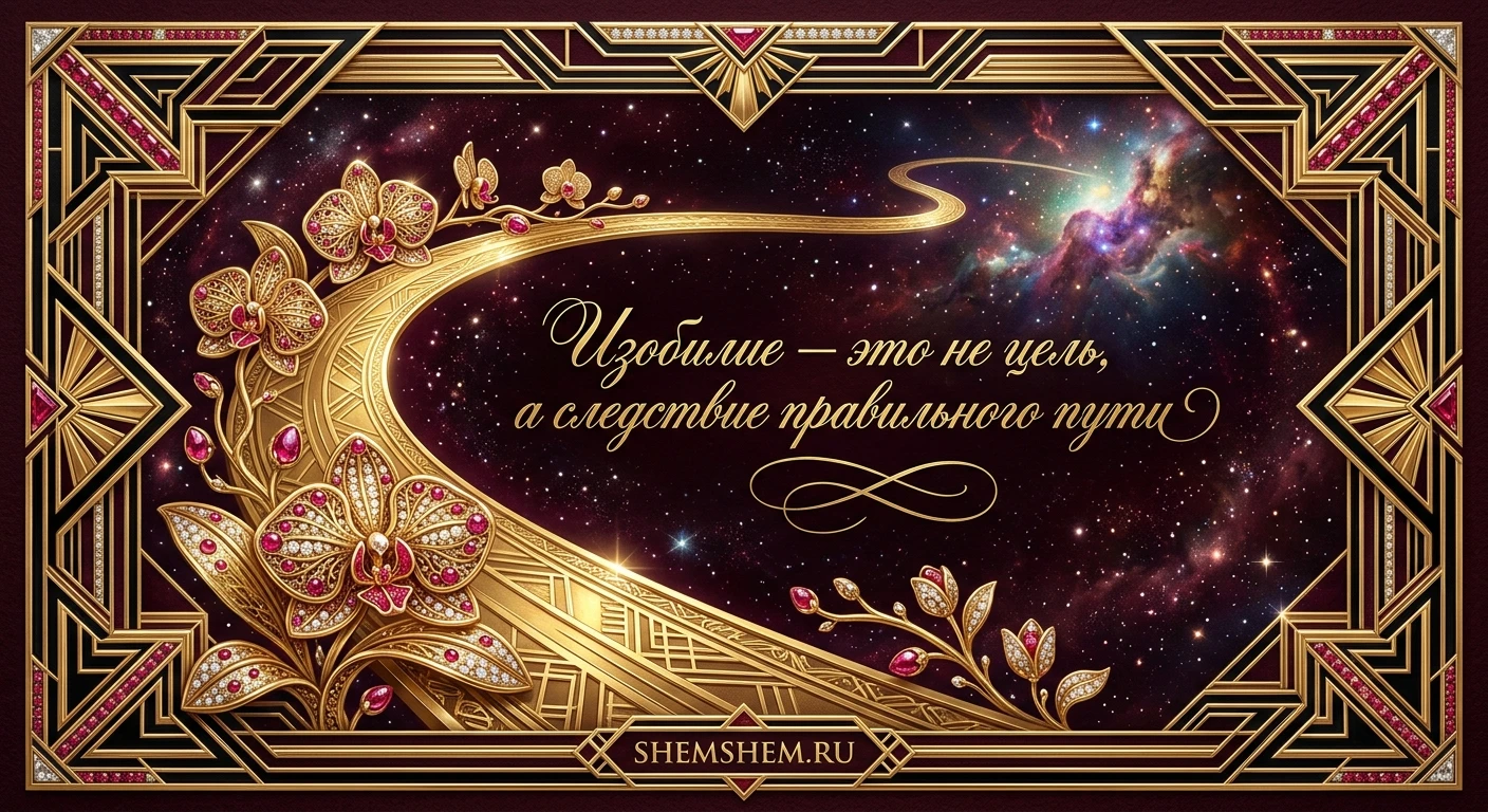 Бордовая открытка с золотой дорогой, цитатой об изобилии