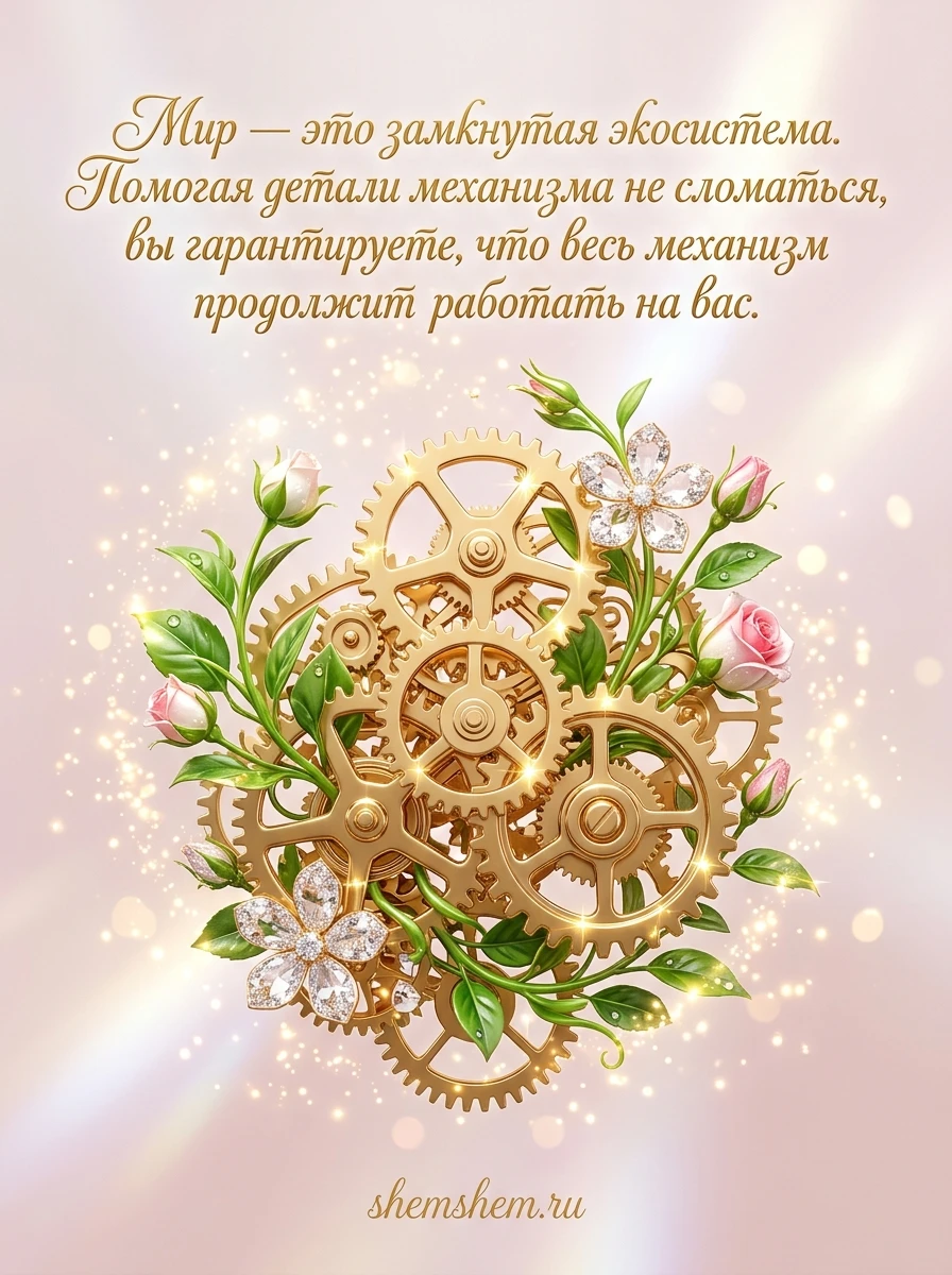 Светлая розовая открытка с золотыми шестеренками и цветами, цитатой об экосистеме