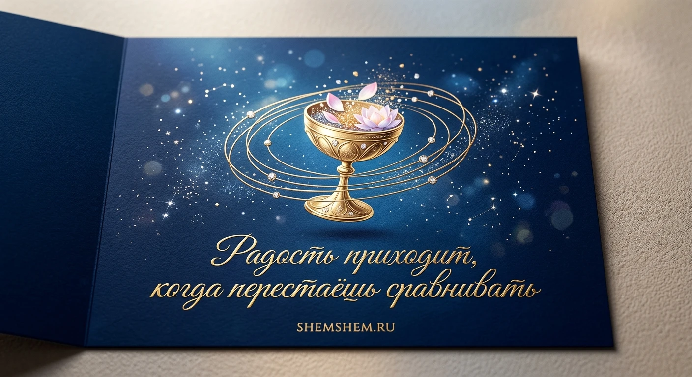 Лазурная открытка с золотой чашей, цитатой про радость