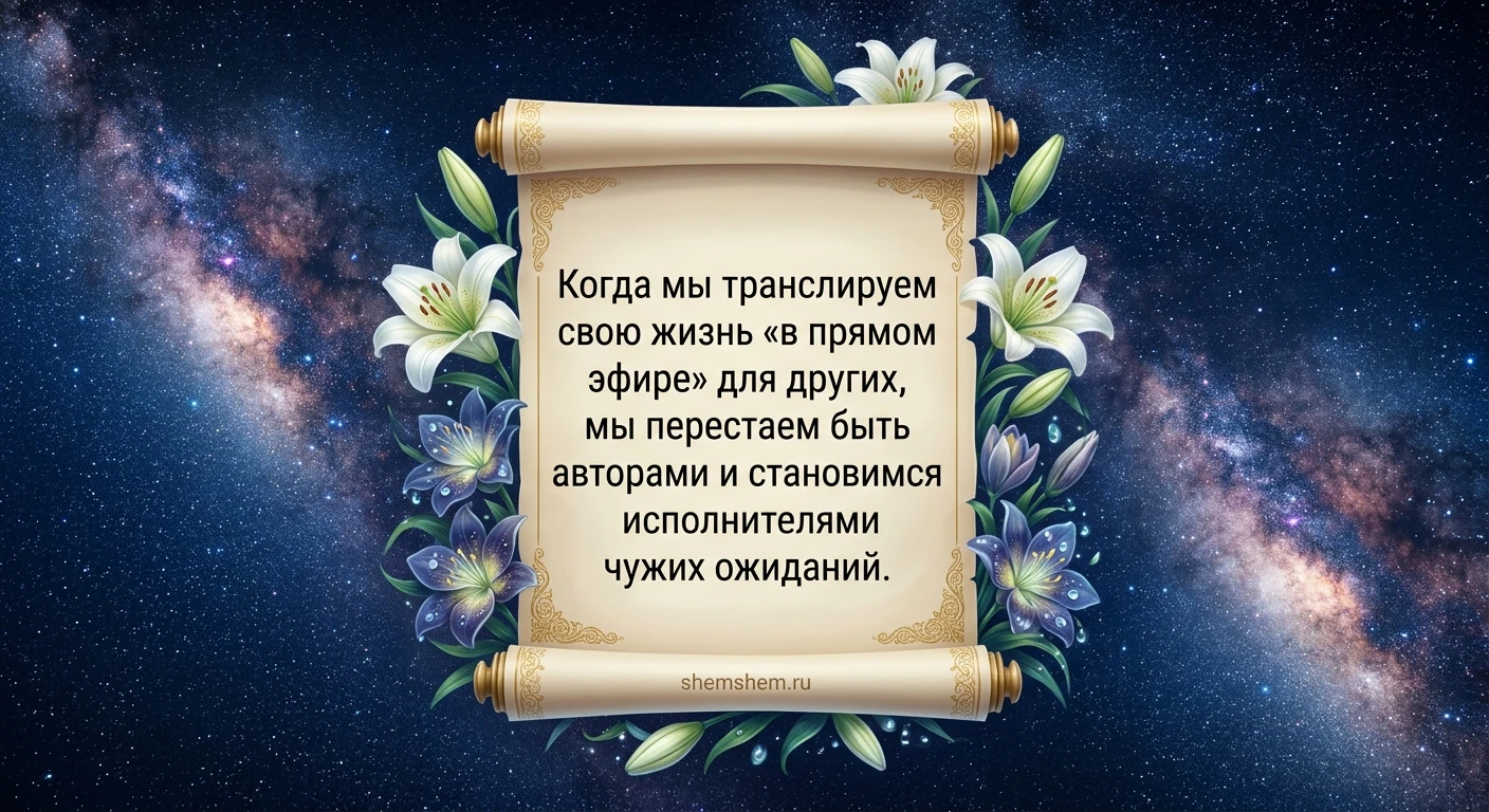 Эстетичная открытка со свитком и лилиями на фоне звездного неба с цитатой о трансляции жизни