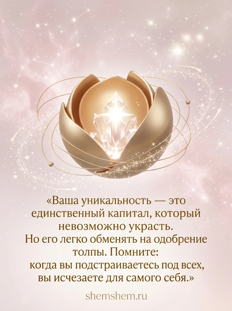 Светлая космическая открытка с золотой раскрывающейся сферой и цитатой об уникальности