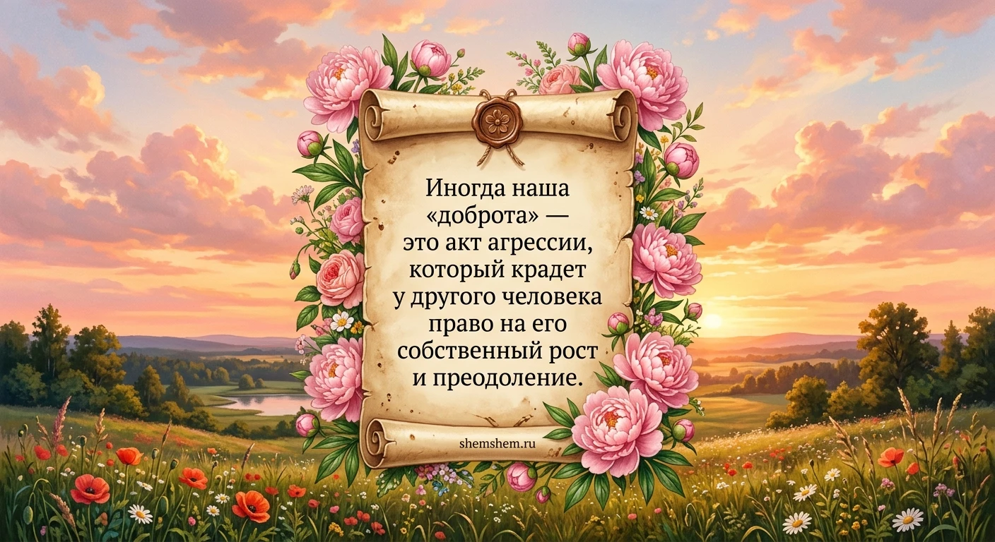 Яркая открытка с цитатой о том, как чрезмерная забота лишает человека возможности расти
