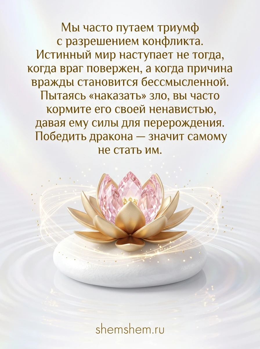 Светлая открытка с золотым лотосом на камне и мудрой цитатой о мире