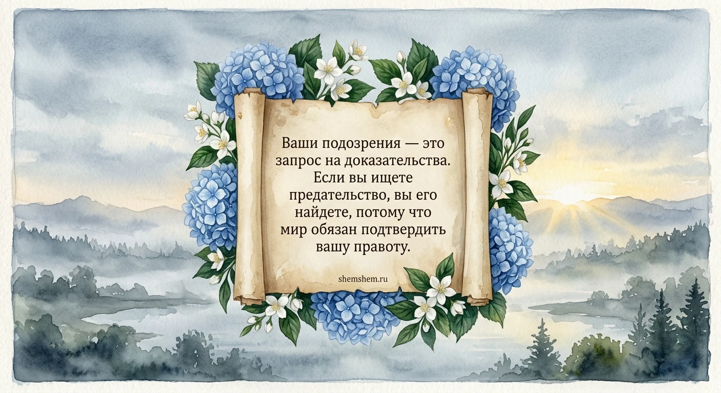 Изящная открытка со свитком и гортензиями на фоне туманного неба с цитатой о разрушительной силе подозрений