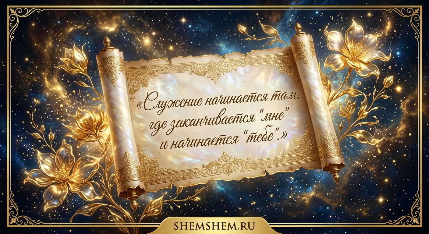 Роскошный золотой свиток с цитатой о служении на фоне сияющего космоса и цветов