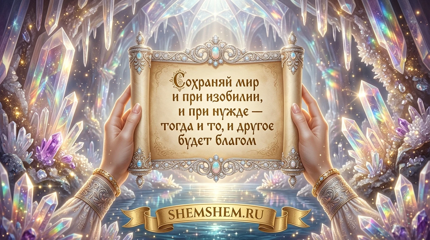 Светлая открытка с золотым свитком на фоне хрустальной пещеры и цитатой о сохранении мира в изобилии и нужде