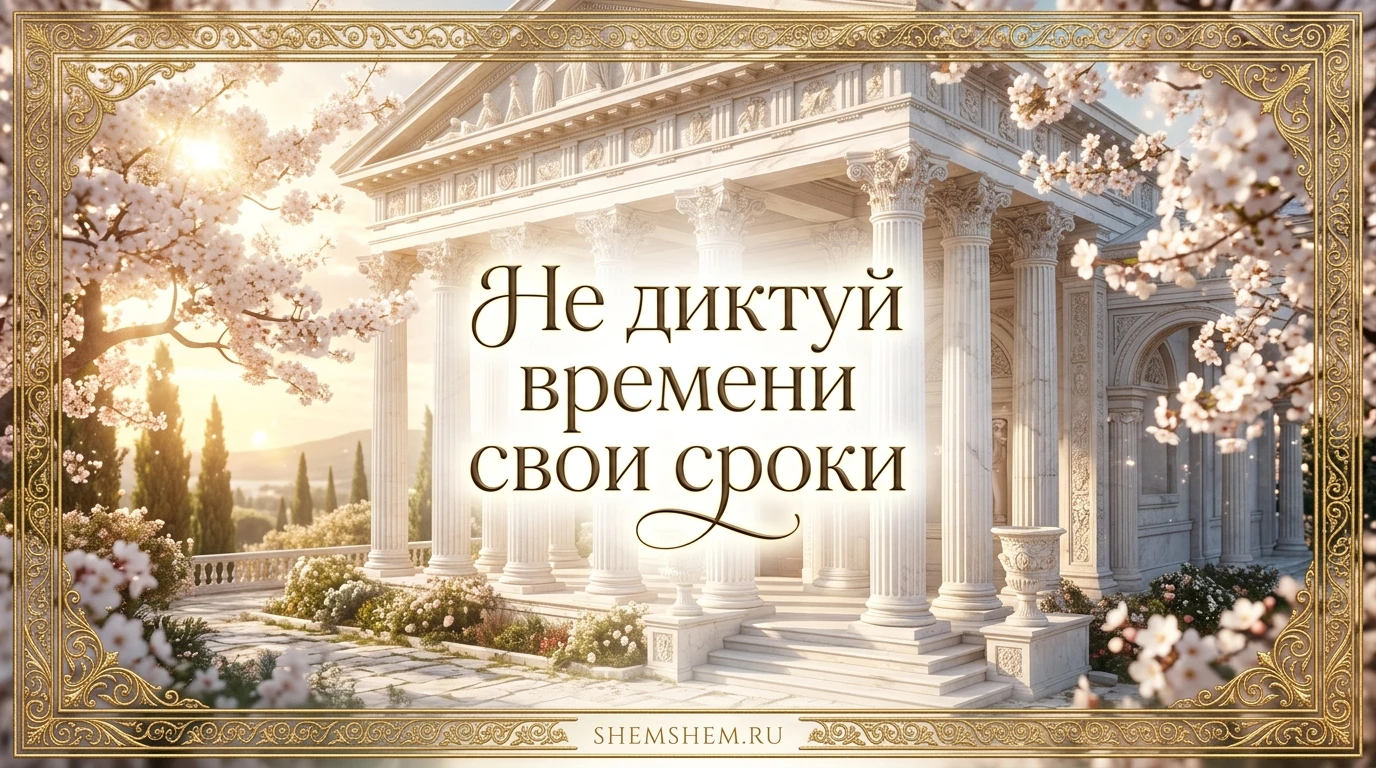 Роскошная светлая открытка с изящным золотым оформлением и мудрой цитатой о времени