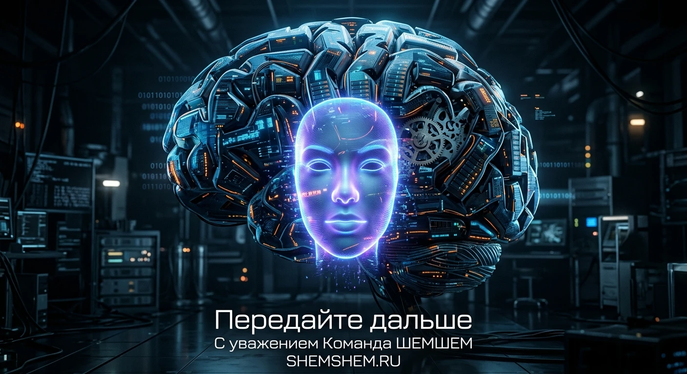 Концептуальная иллюстрация иллюзии искусственного интеллекта: механический мозг из серверов и шестеренок прячется за светящейся голографической маской человека на темном цифровом фоне
