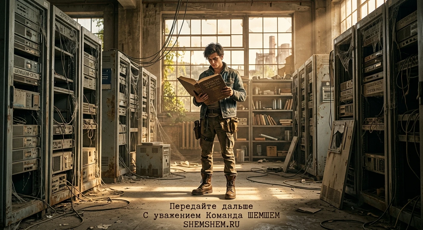 Молодой человек читает бумажную книгу посреди заброшенного и покрытого пылью серверного зала дата-центра