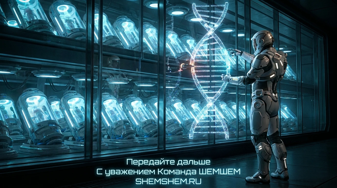 Ученый в футуристической лаборатории редактирует голограмму ДНК на фоне рядов со светящимися искусственными инкубаторами для эмбрионов