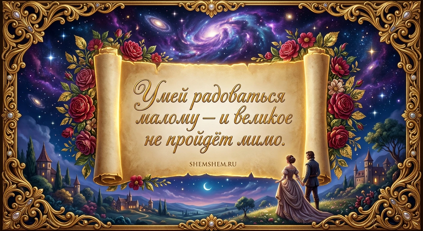 Красивая открытка со свитком, цветами и золотой оправой на фоне космоса
