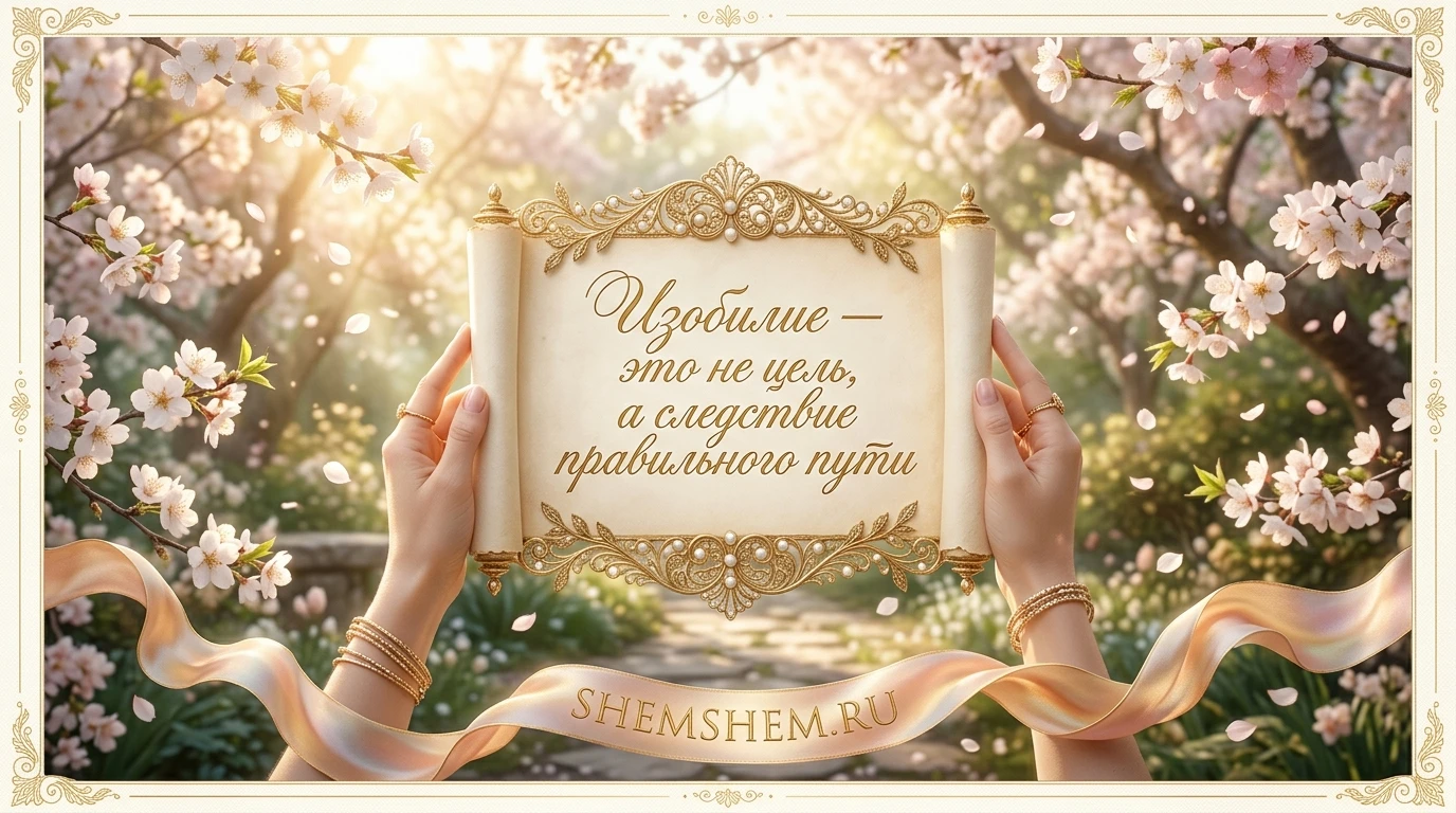 Светлая открытка с золотым свитком на фоне цветущего вишневого сада и цитатой об изобилии как следствии правильного пути