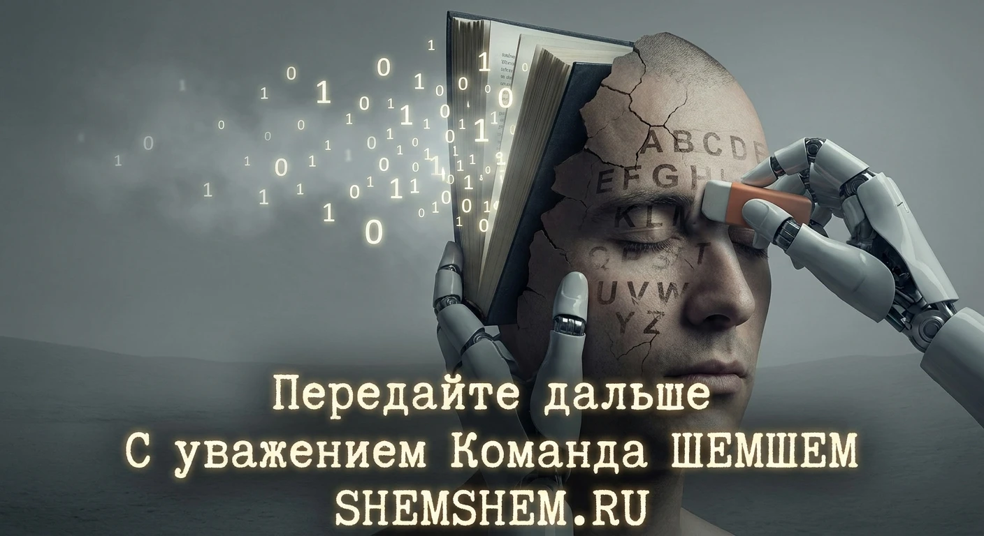 Сюрреалистичный образ исчезновения букв алфавита с лица человека под воздействием робота