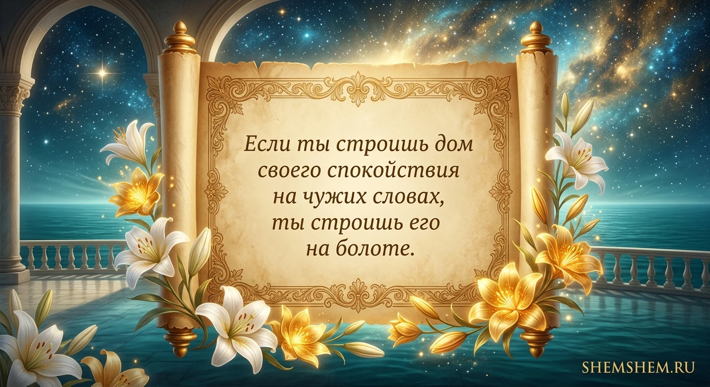 Красивая светлая открытка с золотыми цветами, морем и свитком, на котором написана цитата о спокойствии