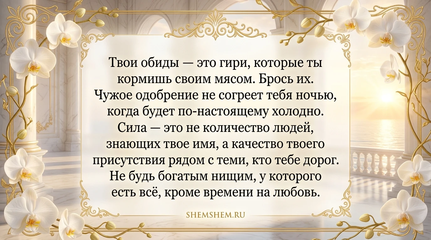 Роскошная светлая открытка с золотыми узорами и цитатой о внутренней силе и любви