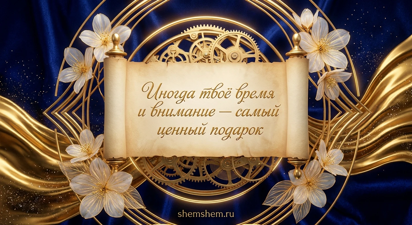Роскошная сине-золотая открытка с часовыми элементами и цитатой о ценности времени