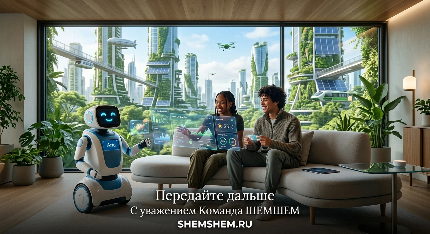 Молодые люди будущего в футуристичной комнате с голограммами и домашним роботом на фоне эко-города 2050 года