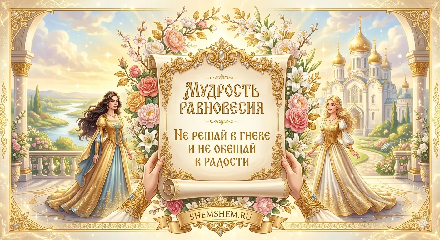 Роскошная светлая открытка с золотым свитком, цветами и цитатой о решениях в гневе и радости