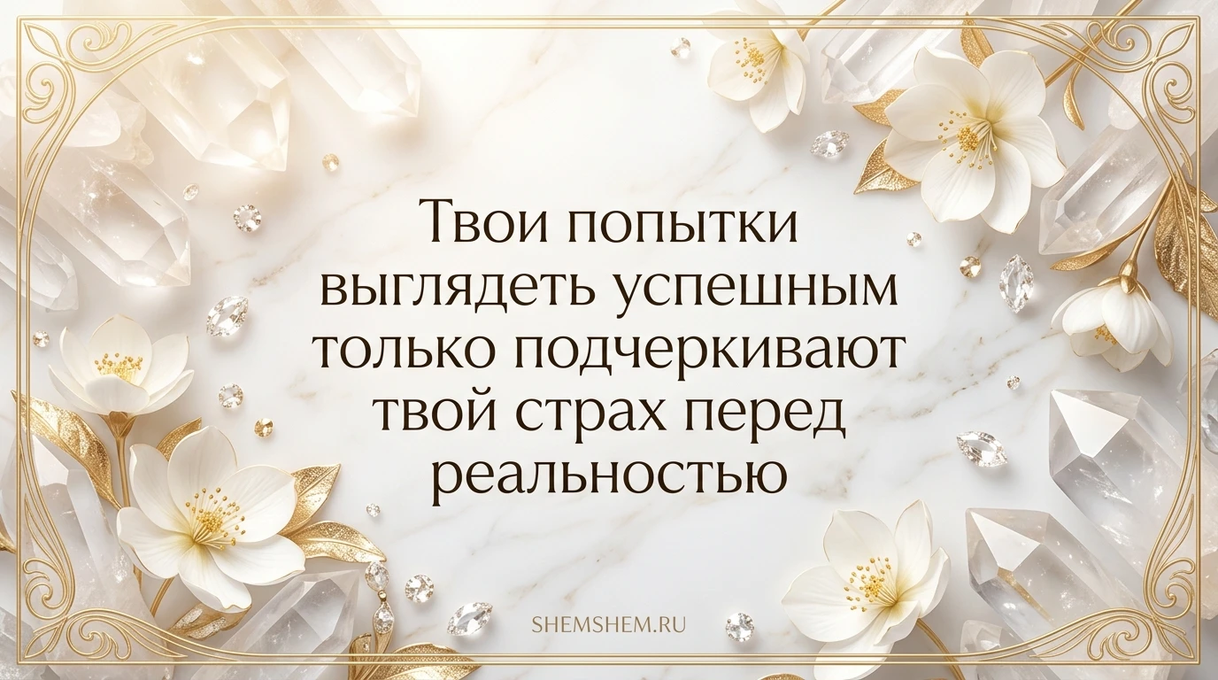 Роскошная светлая открытка с цитатой о масках успеха на фоне сияющих кристаллов