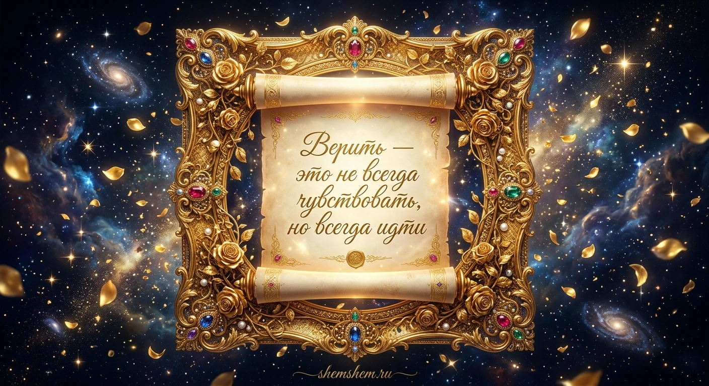 Золотая открытка со свитком в космосе и цитатой о вере