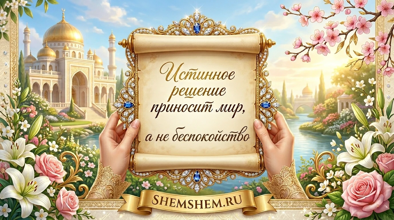 Светлая праздничная открытка с золотым свитком, белыми лилиями и цитатой о мире в душе от верного решения