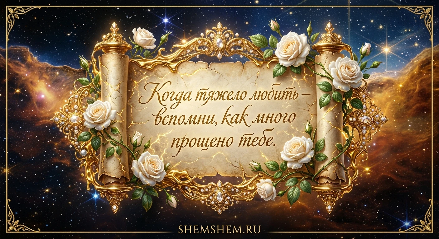 Роскошная подарочная открытка с золотым свитком, белыми розами и космическим фоном