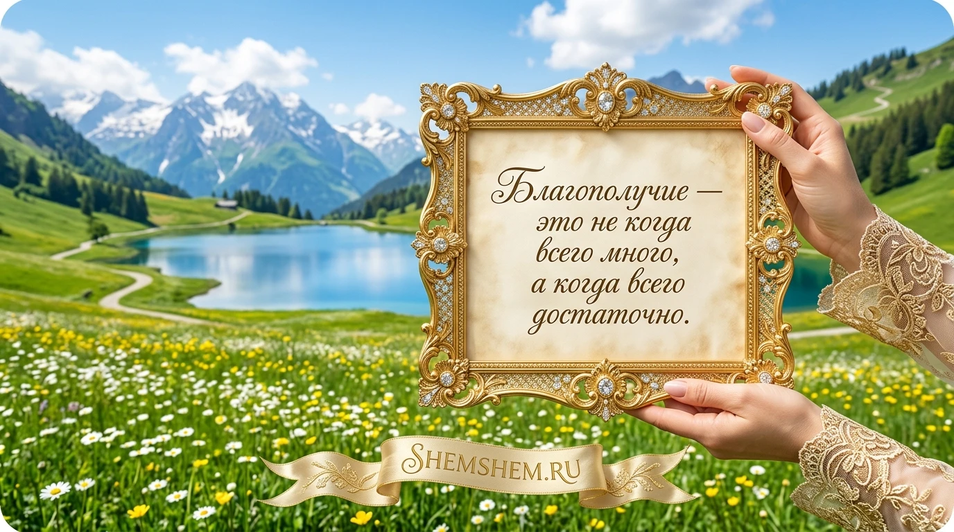 Светлая праздничная открытка с золотым свитком на фоне залитых солнцем альпийских лугов и цитатой о благополучии