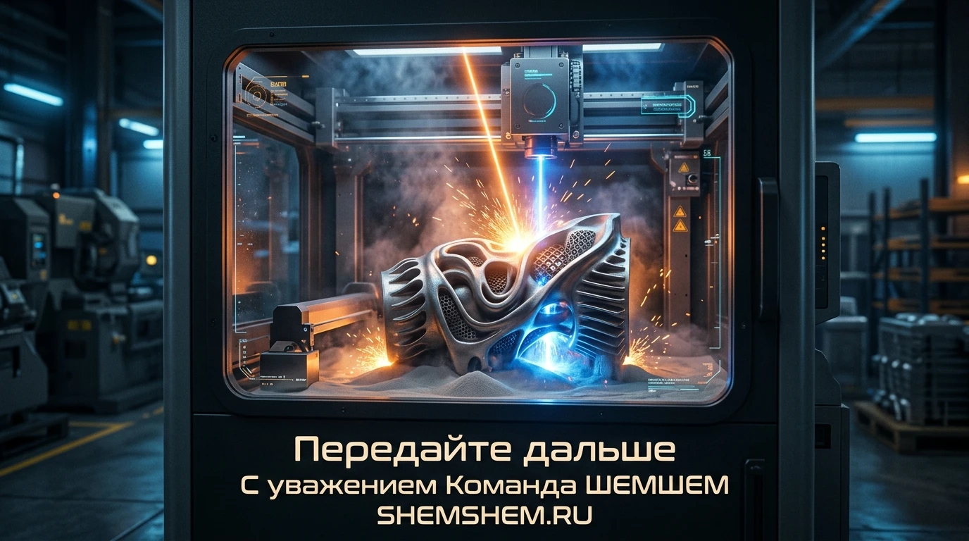 Промышленный 3D-принтер печатает титановую деталь сложной формы с помощью аддитивных лазерных технологий (АЛТ), лазерные лучи и искры в темном футуристичном цеху