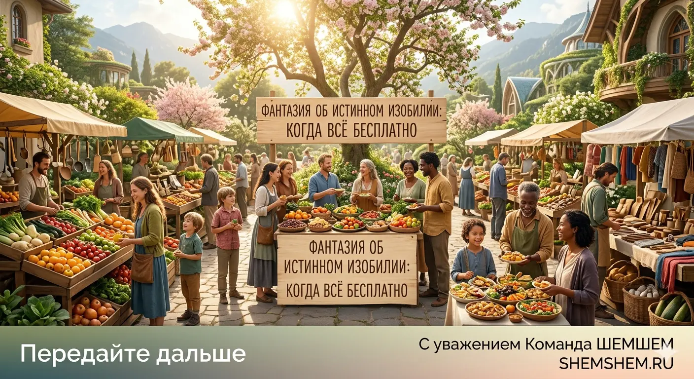 Широкое горизонтальное изображение, иллюстрирующее мир изобилия и бесплатного обмена. Действие происходит на солнечной площади живописного эко-городка, окруженного горами и цветущими деревьями. Вдоль мощеной улицы тянутся открытые прилавки, ломящиеся от свежих фруктов, овощей, одежды и предметов быта. Радостные люди разных возрастов и национальностей свободно берут товары, общаются и делятся едой за общим столом без участия продавцов или касс. В центре композиции установлена деревянная вывеска с надписью: «Фантазия об истинном изобилии: Когда всё бесплатно»