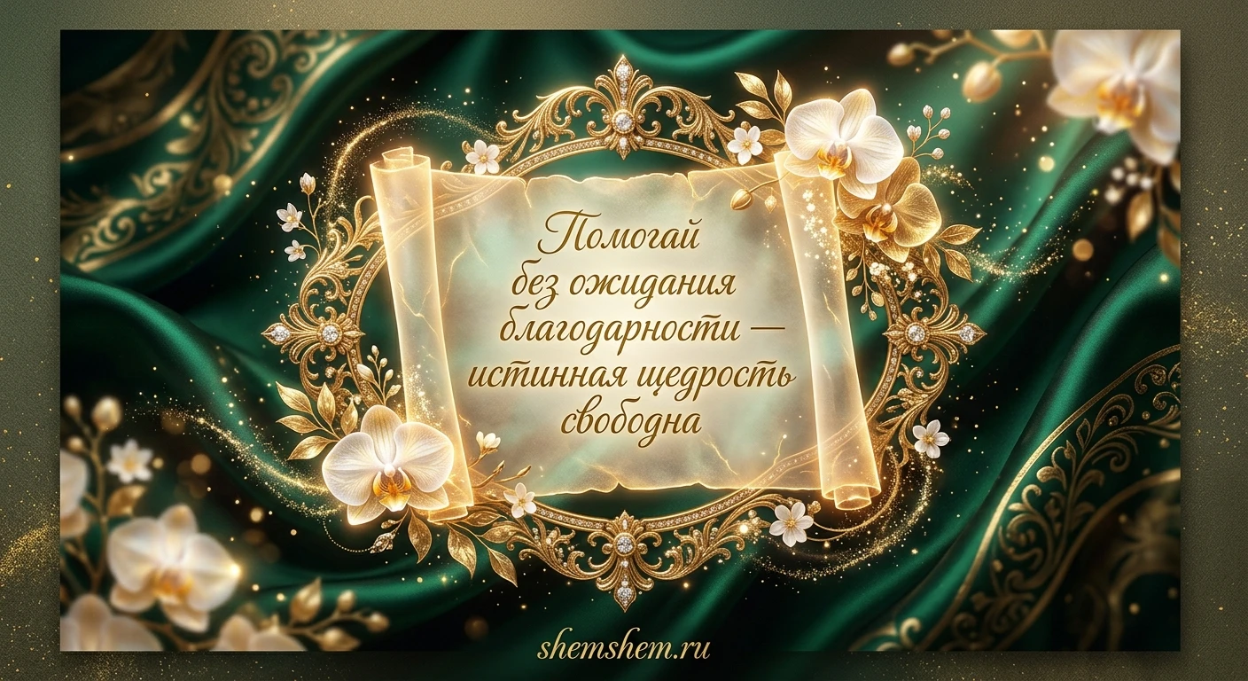 Роскошная изумрудно-золотая открытка с текстом о бескорыстной помощи