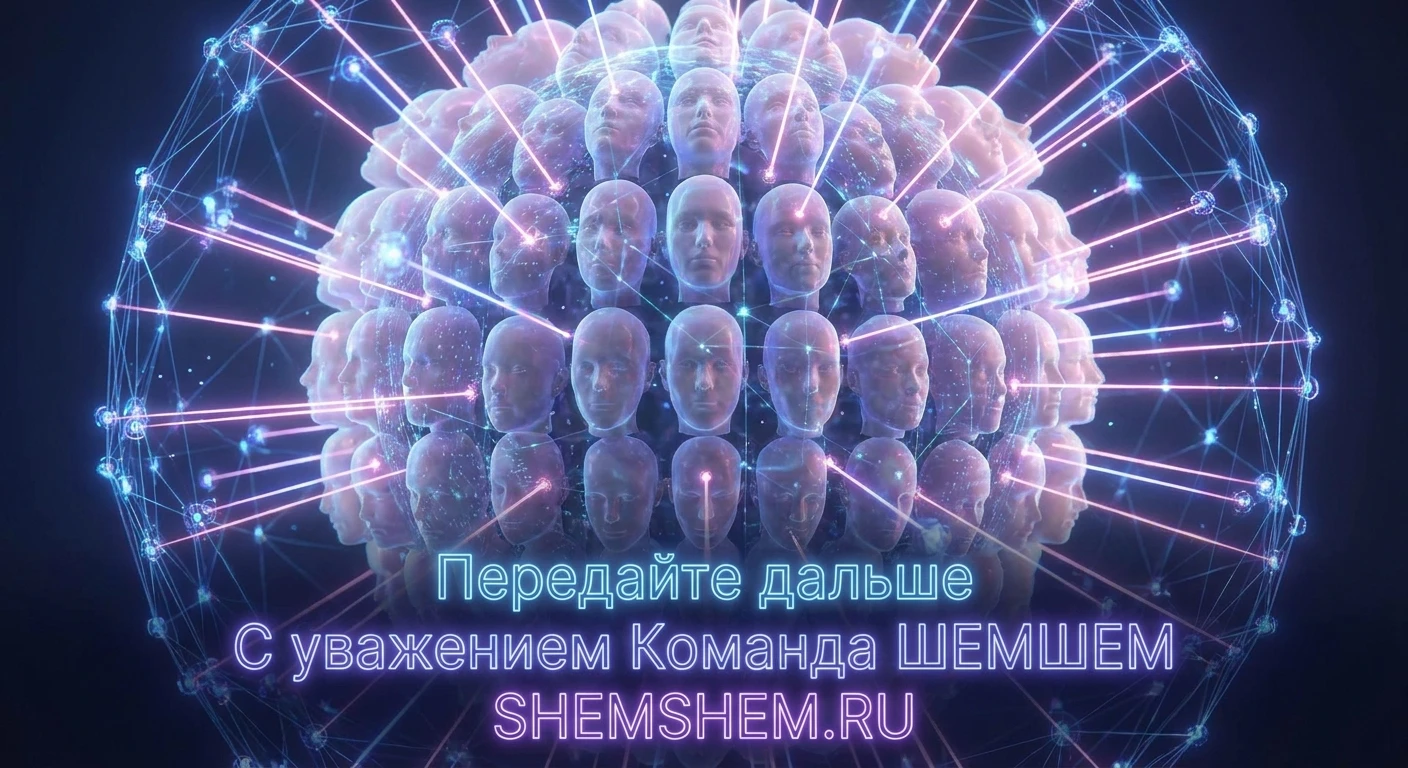 Иллюстрация коллективного разума в виде объединенных светящимися линиями человеческих лиц