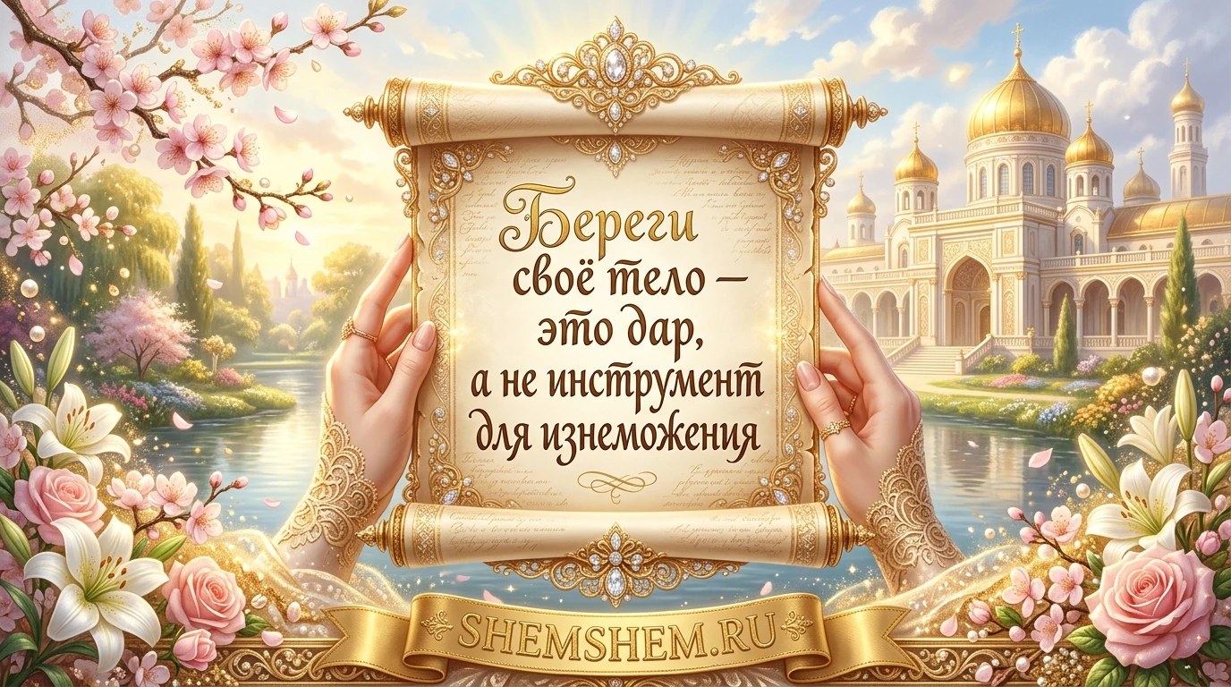 Светлая праздничная открытка с золотым свитком, цветущими розами и цитатой о бережном отношении к телу как к дару