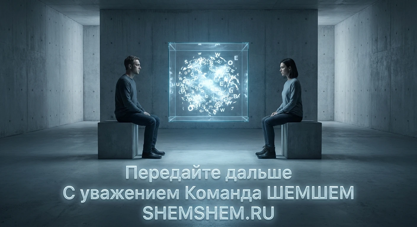 Иллюстрация двух людей перед запертыми в стеклянном кубе светящимися словами